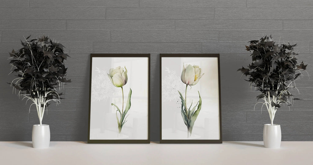 White tulip watercolor painting set of 2 navy cream floral wall art in black frame 12x18 inch 30x...