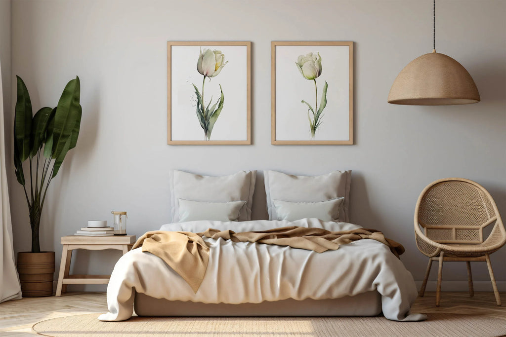 White tulip watercolor painting set of 2 navy cream floral wall art in dark wood frame 12x18 inch...