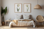 White tulip watercolor painting set of 2 navy cream floral wall art in dark wood frame 12x18 inch...