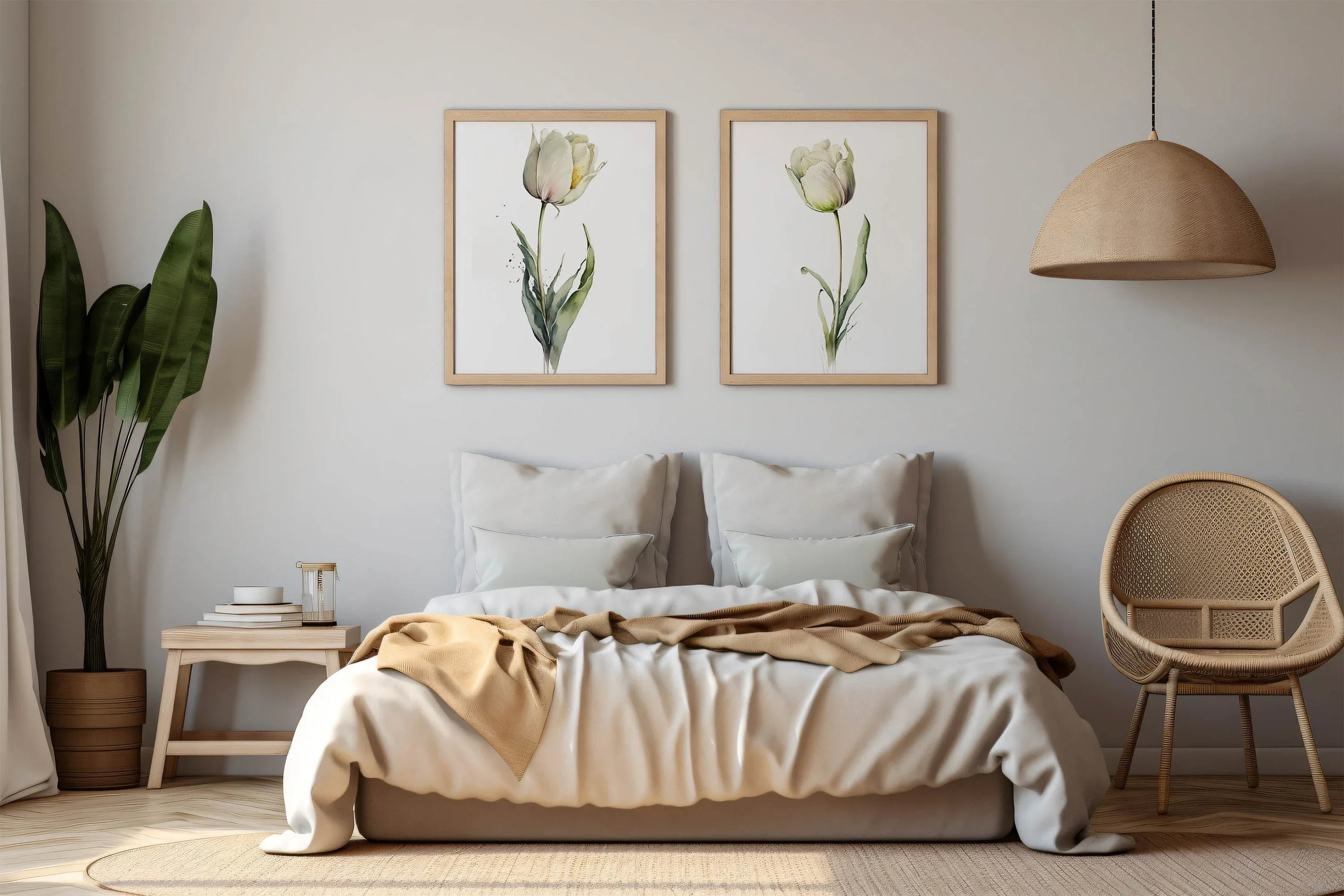 White tulip watercolor painting set of 2 navy cream floral wall art in dark wood frame 12x18 inch...