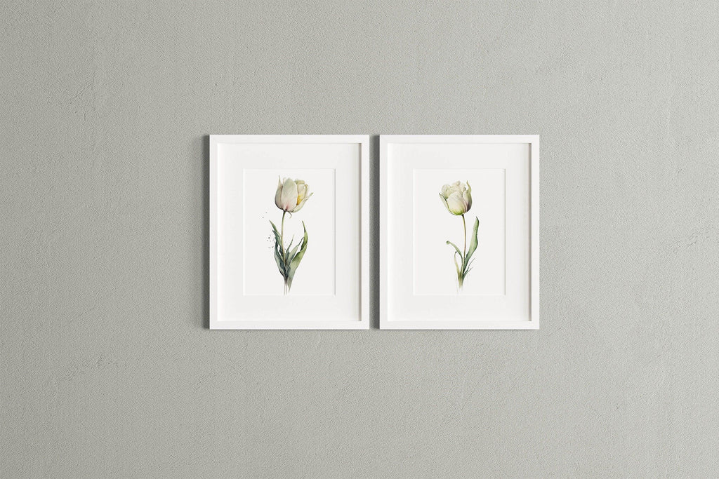 White tulip watercolor painting set of 2 navy cream floral wall art in natural wood frame 12x18 i...