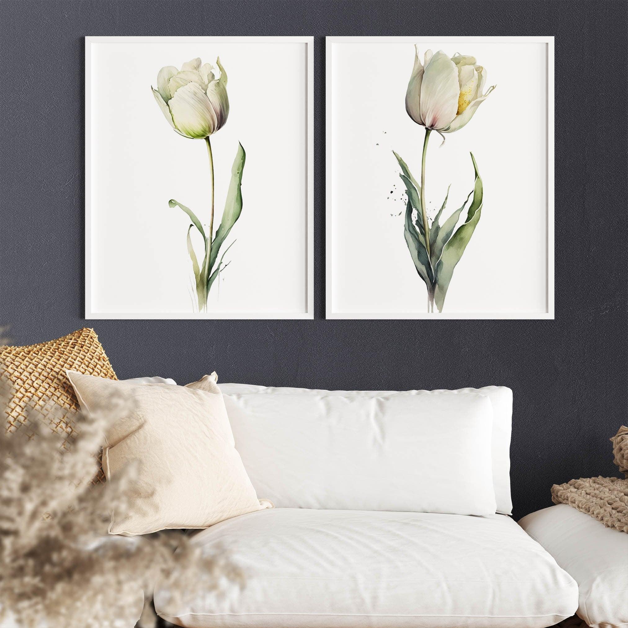 White tulip watercolor painting set of 2 navy cream floral wall art in natural wood frame 12x12 i...