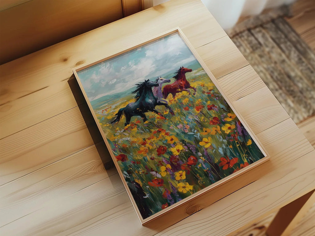 Wild horses galloping through colorful wildflower meadow oil painting wall art in black frame 12x...