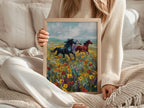 Wild horses galloping through colorful wildflower meadow oil painting wall art in dark wood frame...