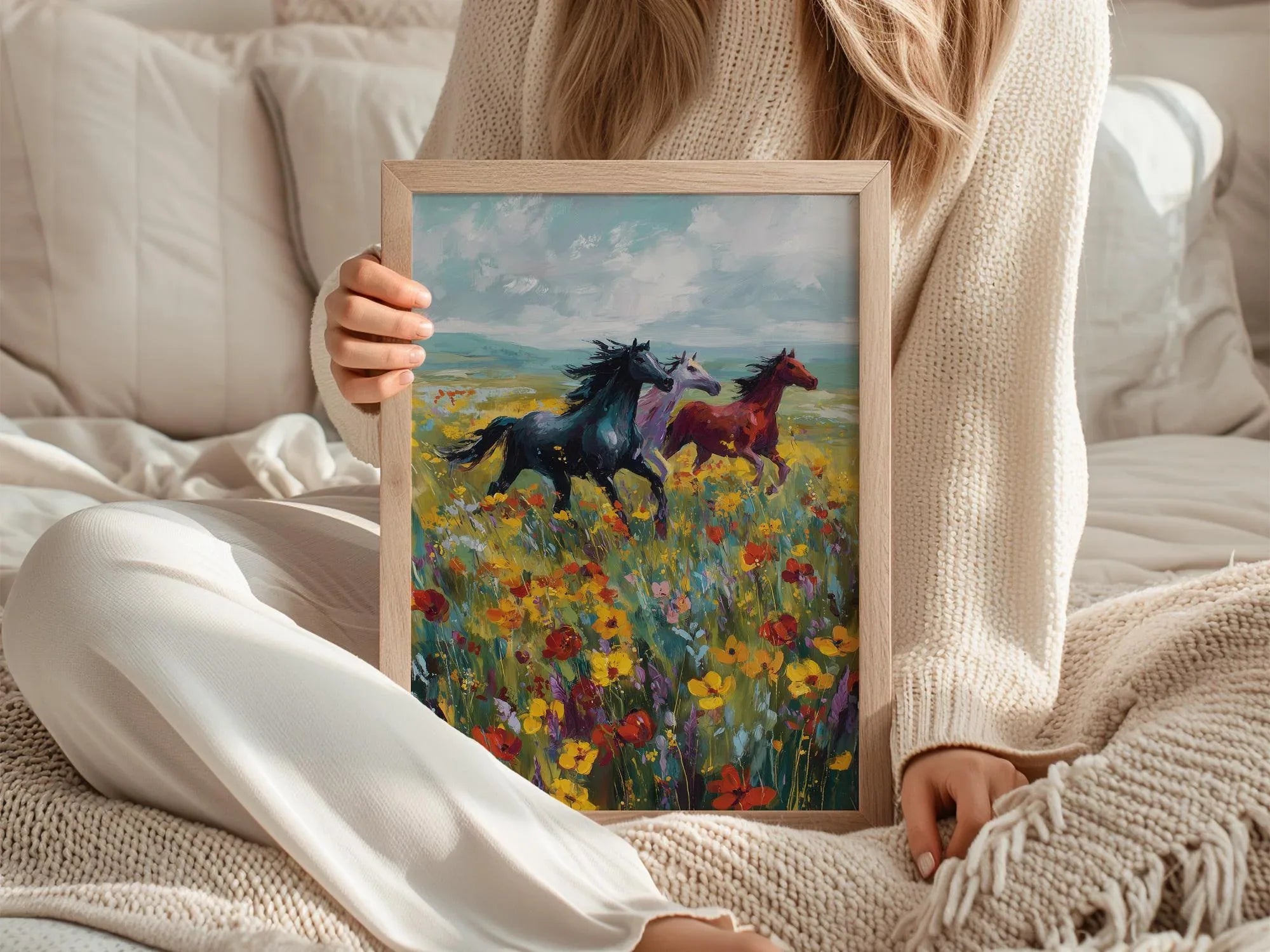 Wild horses galloping through colorful wildflower meadow oil painting wall art in dark wood frame...