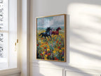 Wild horses galloping through colorful wildflower meadow oil painting wall art unframed 12x12 inc...