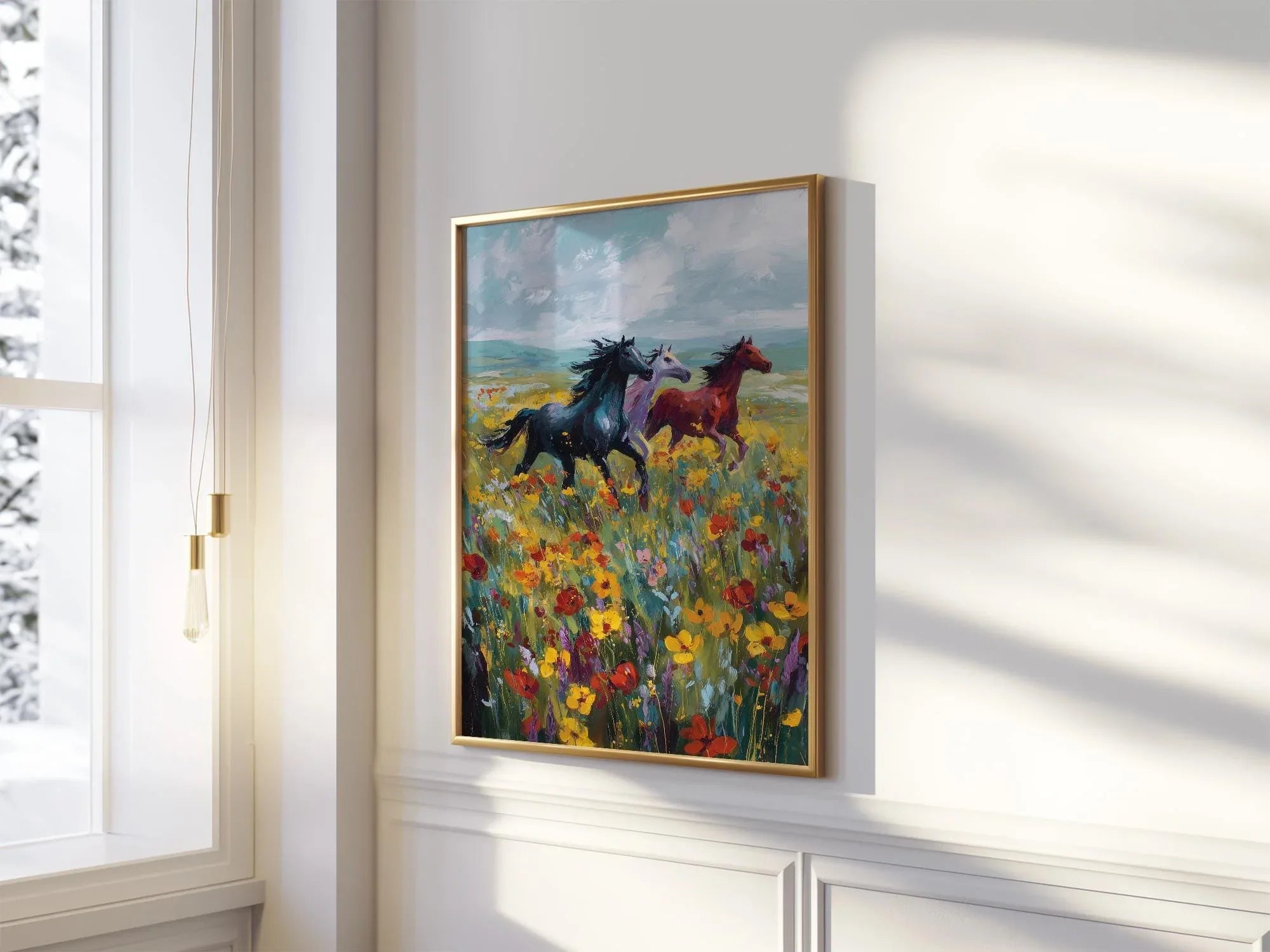 Wild horses galloping through colorful wildflower meadow oil painting wall art unframed 12x12 inc...