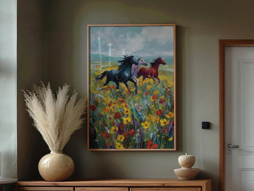 Wild horses galloping through colorful wildflower meadow oil painting wall art in white frame 12x...