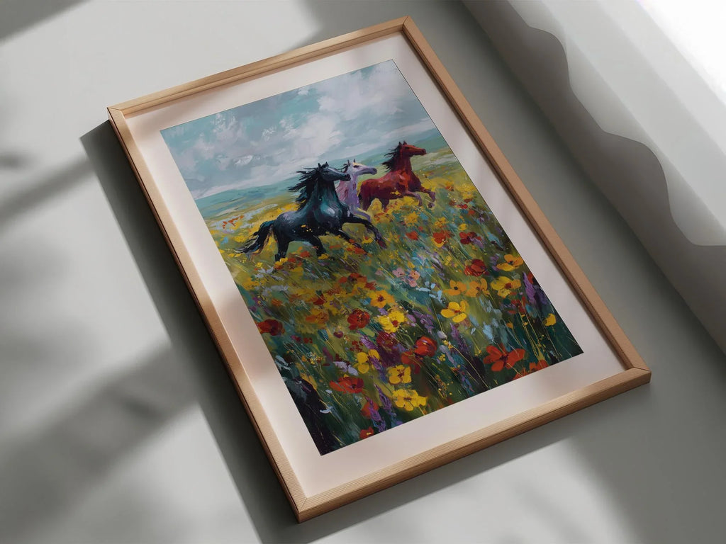 Wild horses galloping through colorful wildflower meadow oil painting wall art in black frame 12x...