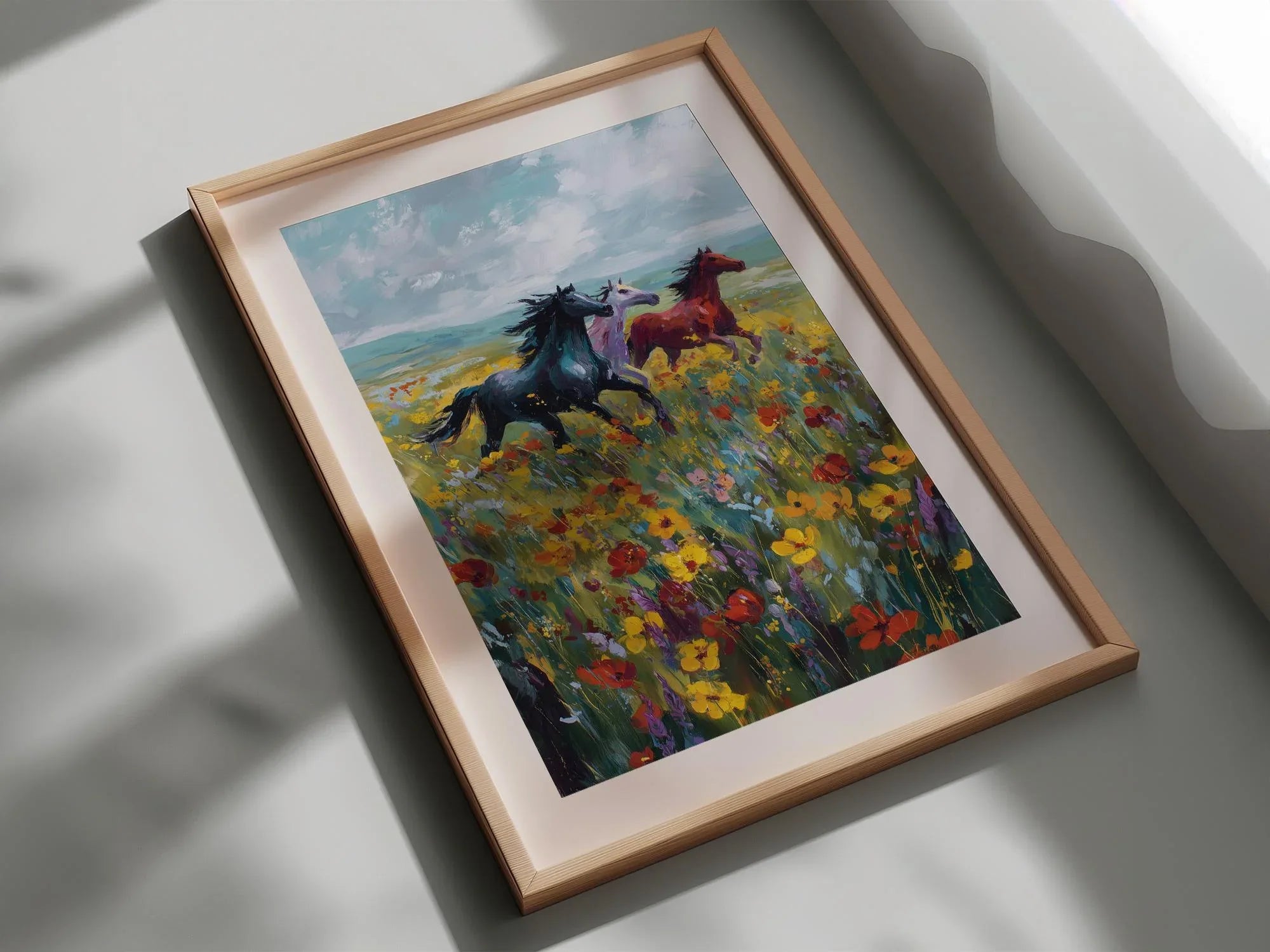 Wild horses galloping through colorful wildflower meadow oil painting wall art in black frame 12x...