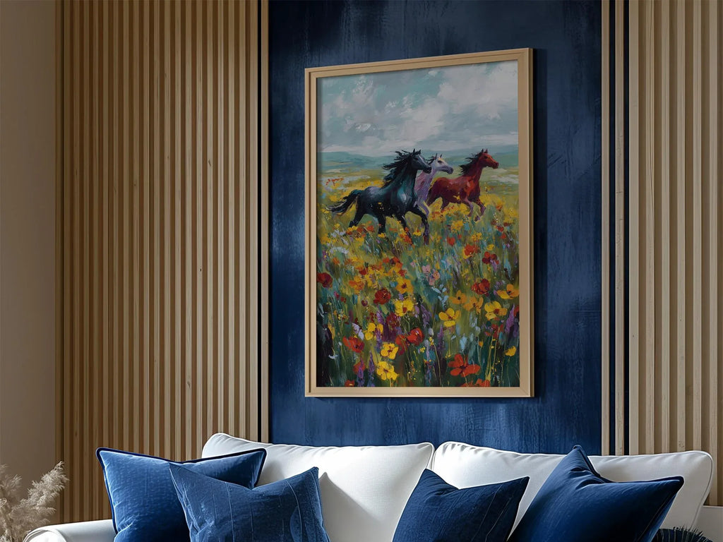Wild horses galloping through colorful wildflower meadow oil painting wall art in dark wood frame...