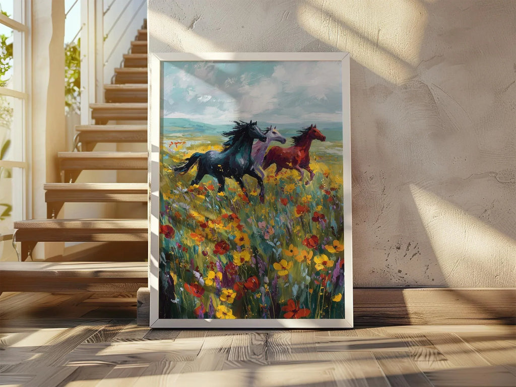 Wild horses galloping through colorful wildflower meadow oil painting wall art in natural wood fr...