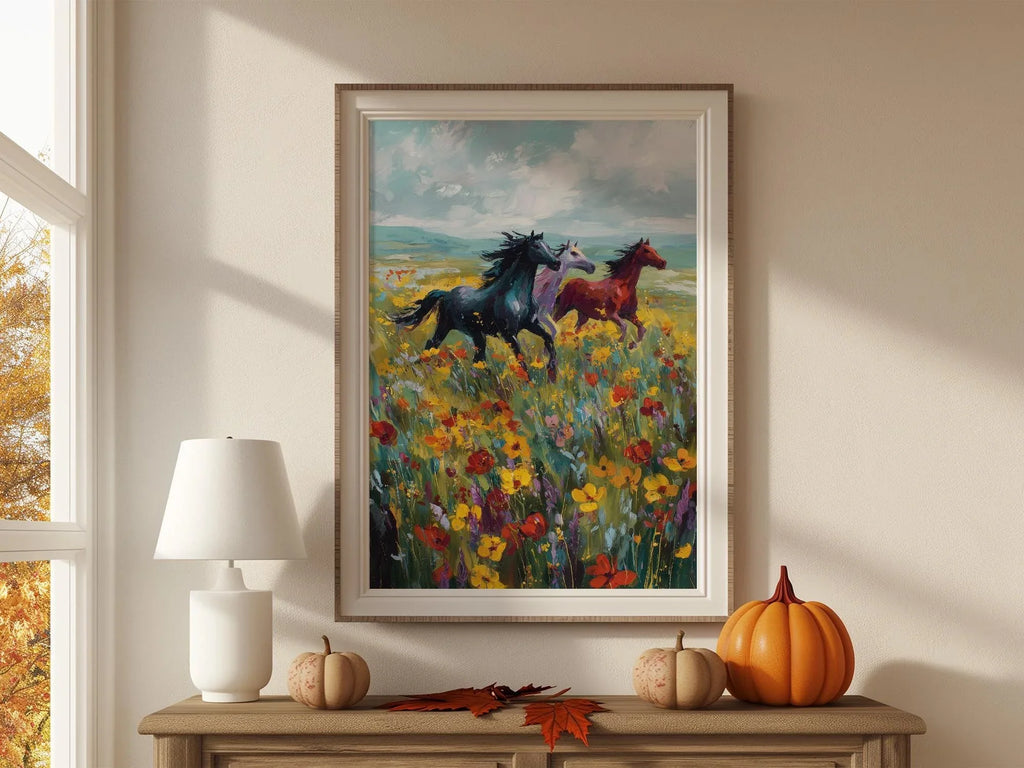 Wild horses galloping through colorful wildflower meadow oil painting wall art unframed 12x18 inc...