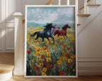 Wild horses galloping through colorful wildflower meadow oil painting wall art in natural wood fr...