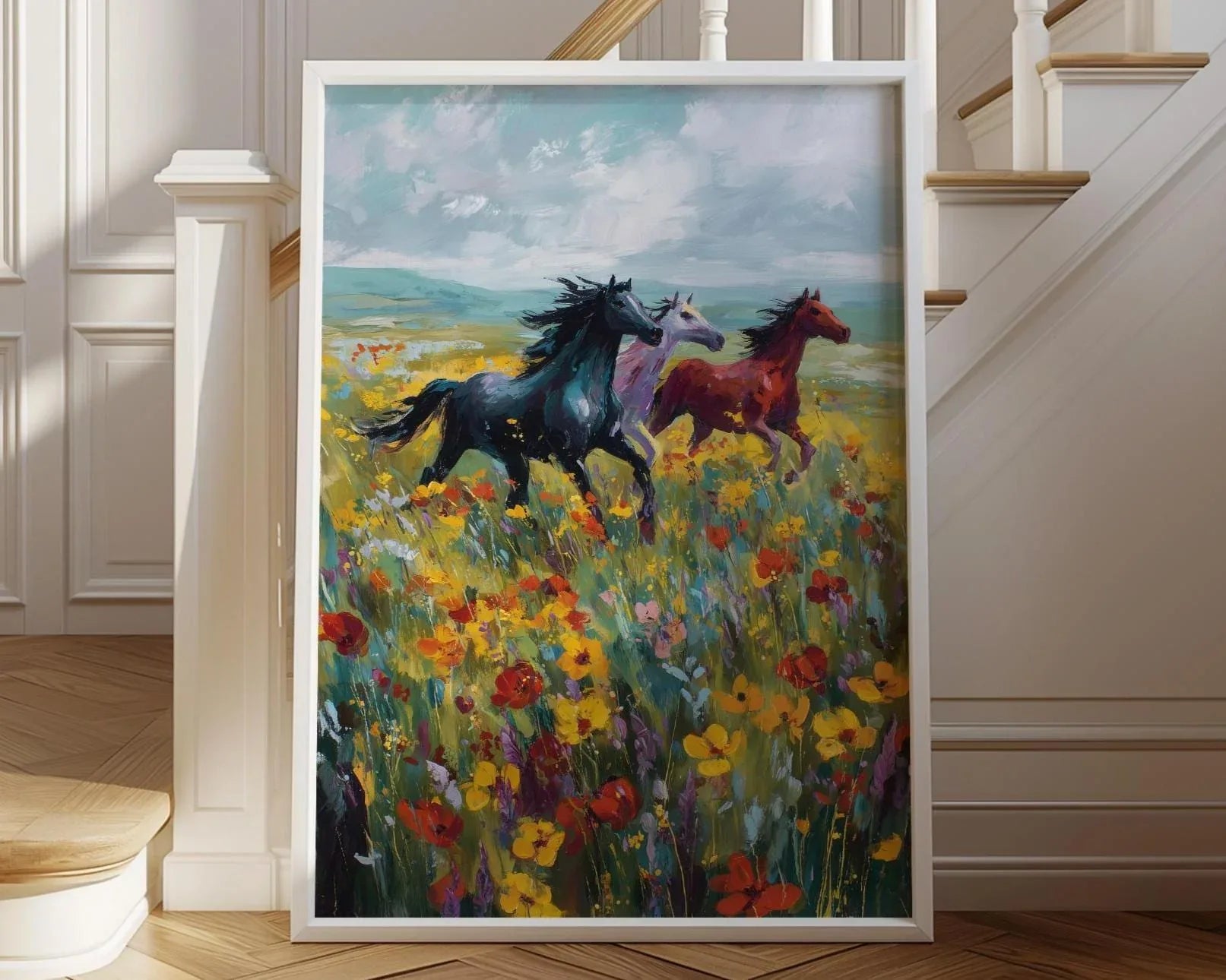 Wild horses galloping through colorful wildflower meadow oil painting wall art in natural wood fr...