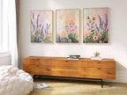 Lavender wildflower botanical triptych set of 3 pastel wall art in black frame 12x12 inch 30x30 cm