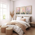 Lavender wildflower botanical triptych set of 3 pastel wall art in dark wood frame 12x12 inch 30x...