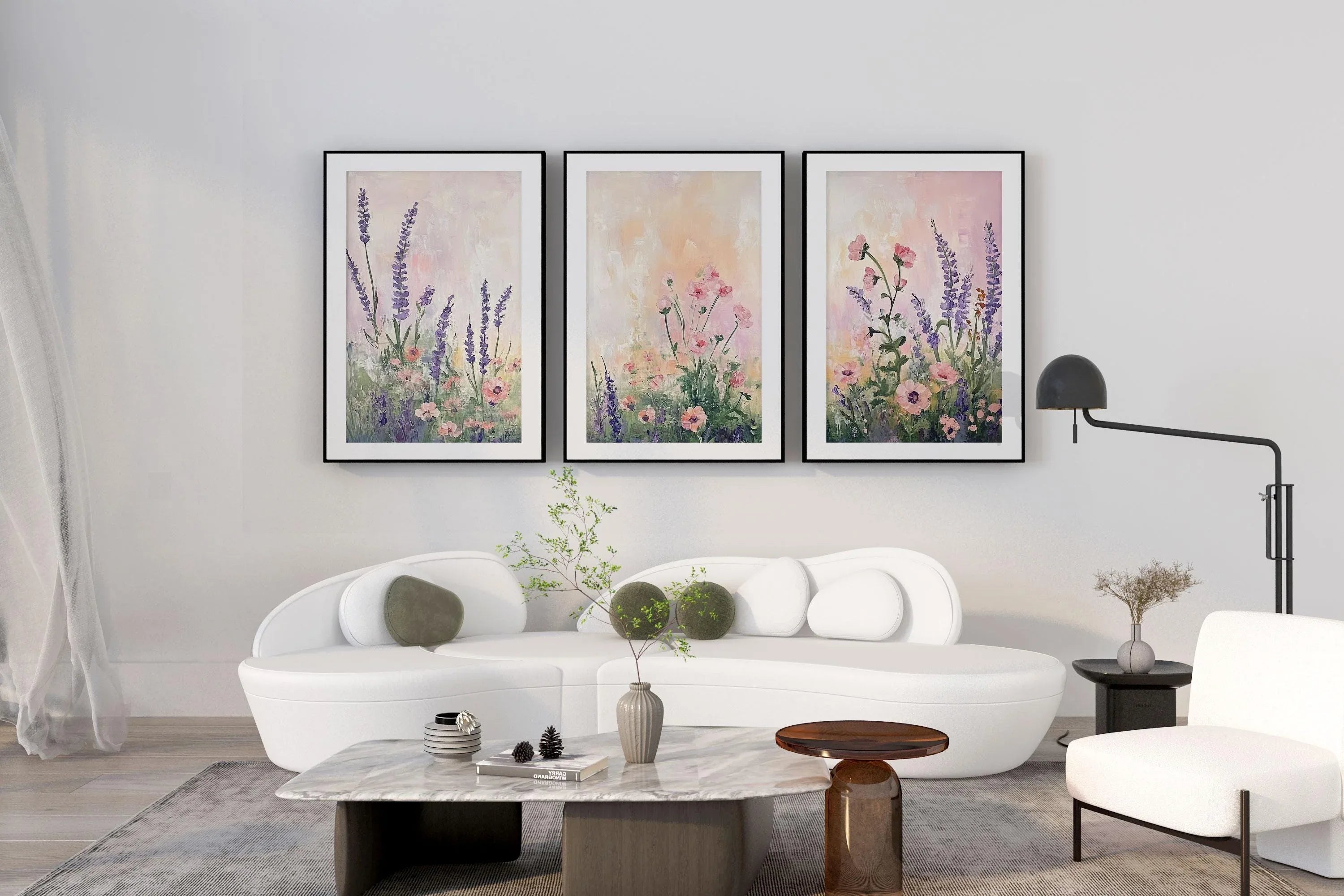 Lavender wildflower botanical triptych set of 3 pastel wall art unframed 12x12 inch 30x30 cm