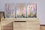 Lavender wildflower botanical triptych set of 3 pastel wall art in white frame 12x12 inch 30x30 cm