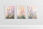 Lavender wildflower botanical triptych set of 3 pastel wall art in black frame 12x18 inch 30x45 cm