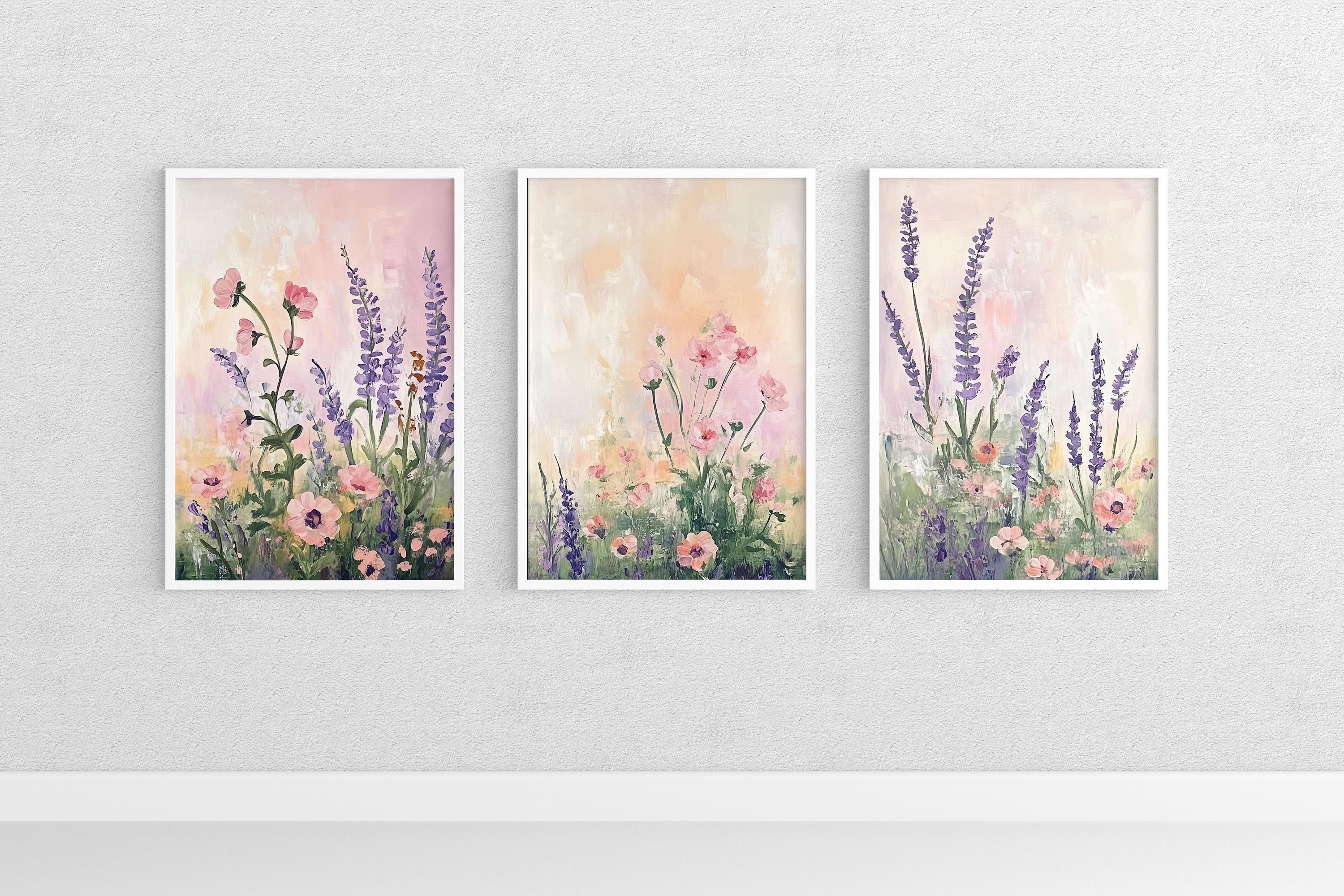 Lavender wildflower botanical triptych set of 3 pastel wall art in black frame 12x18 inch 30x45 cm