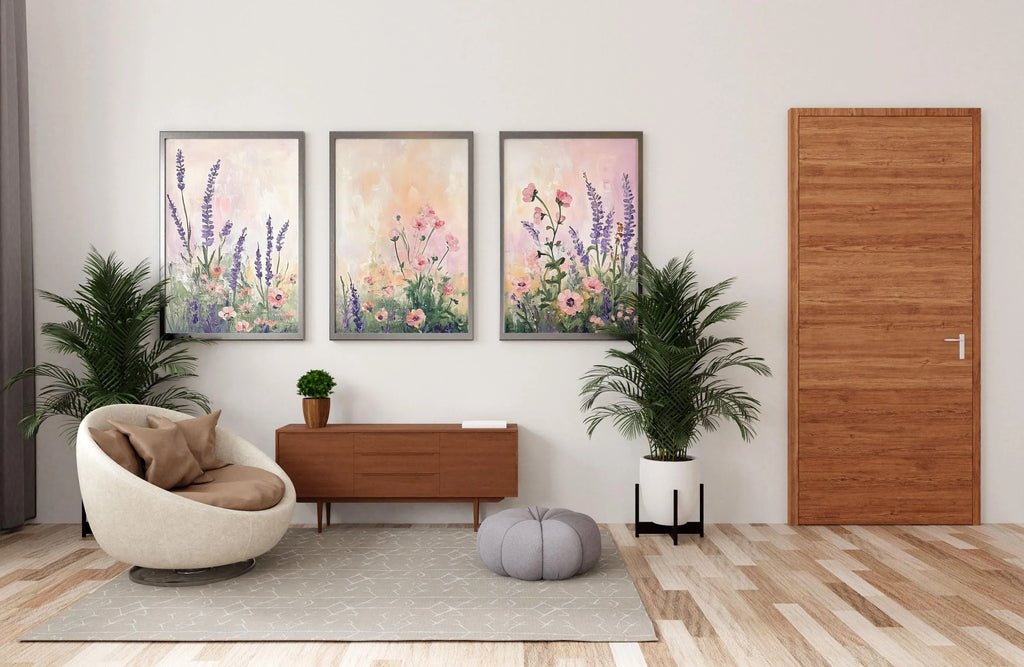 Lavender wildflower botanical triptych set of 3 pastel wall art in dark wood frame 12x18 inch 30x...