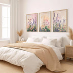 Lavender wildflower botanical triptych set of 3 pastel wall art in natural wood frame 12x18 inch ...