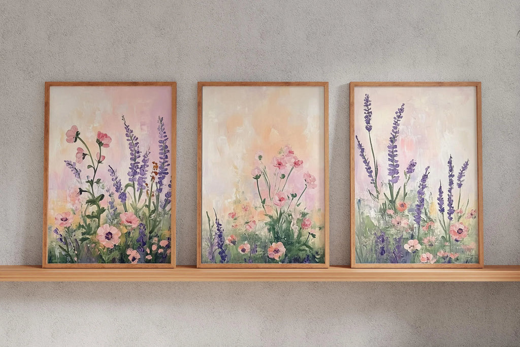 Lavender wildflower botanical triptych set of 3 pastel wall art unframed 12x18 inch 30x45 cm