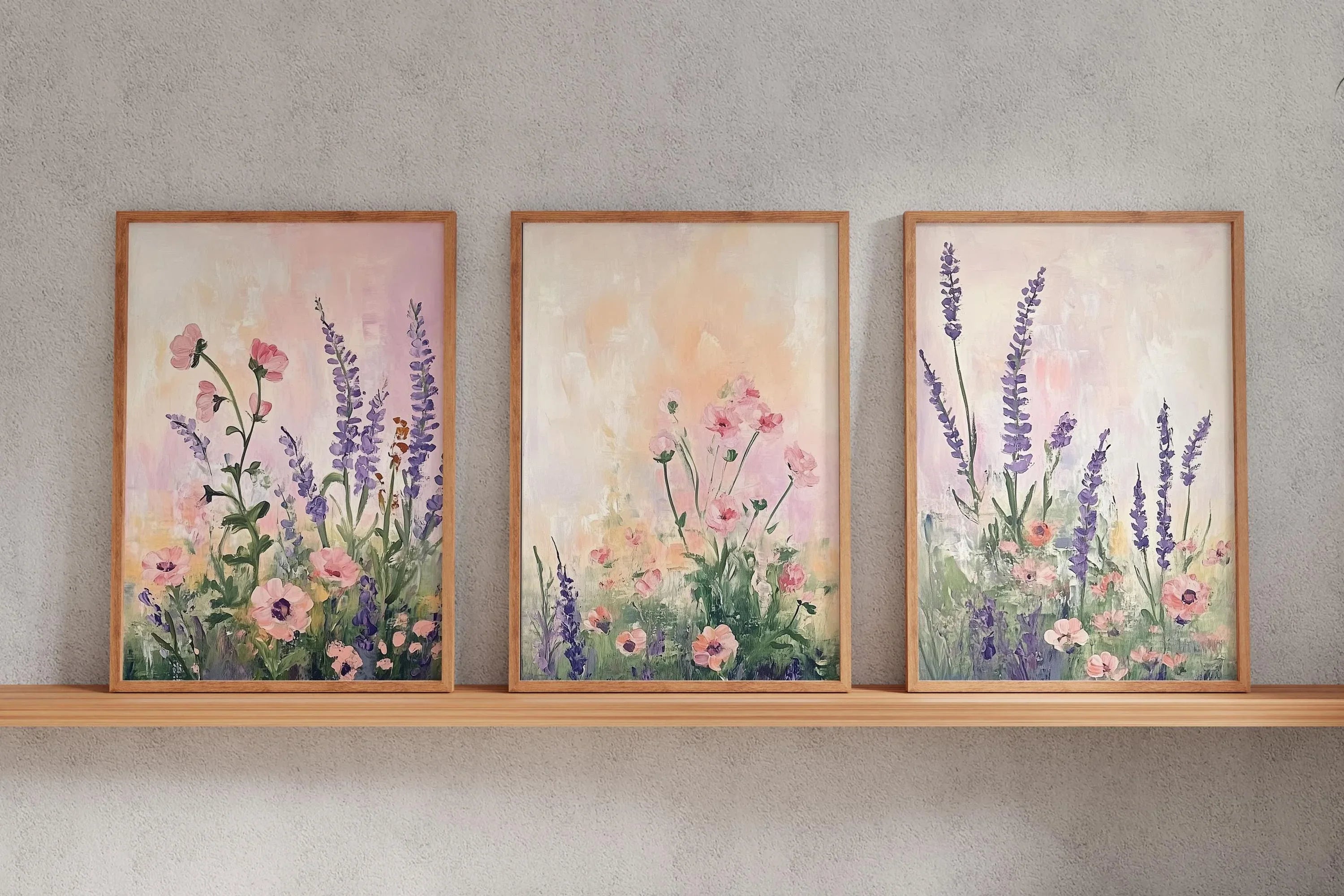 Lavender wildflower botanical triptych set of 3 pastel wall art unframed 12x18 inch 30x45 cm