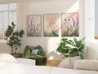 Lavender wildflower botanical triptych set of 3 pastel wall art in natural wood frame 12x12 inch ...