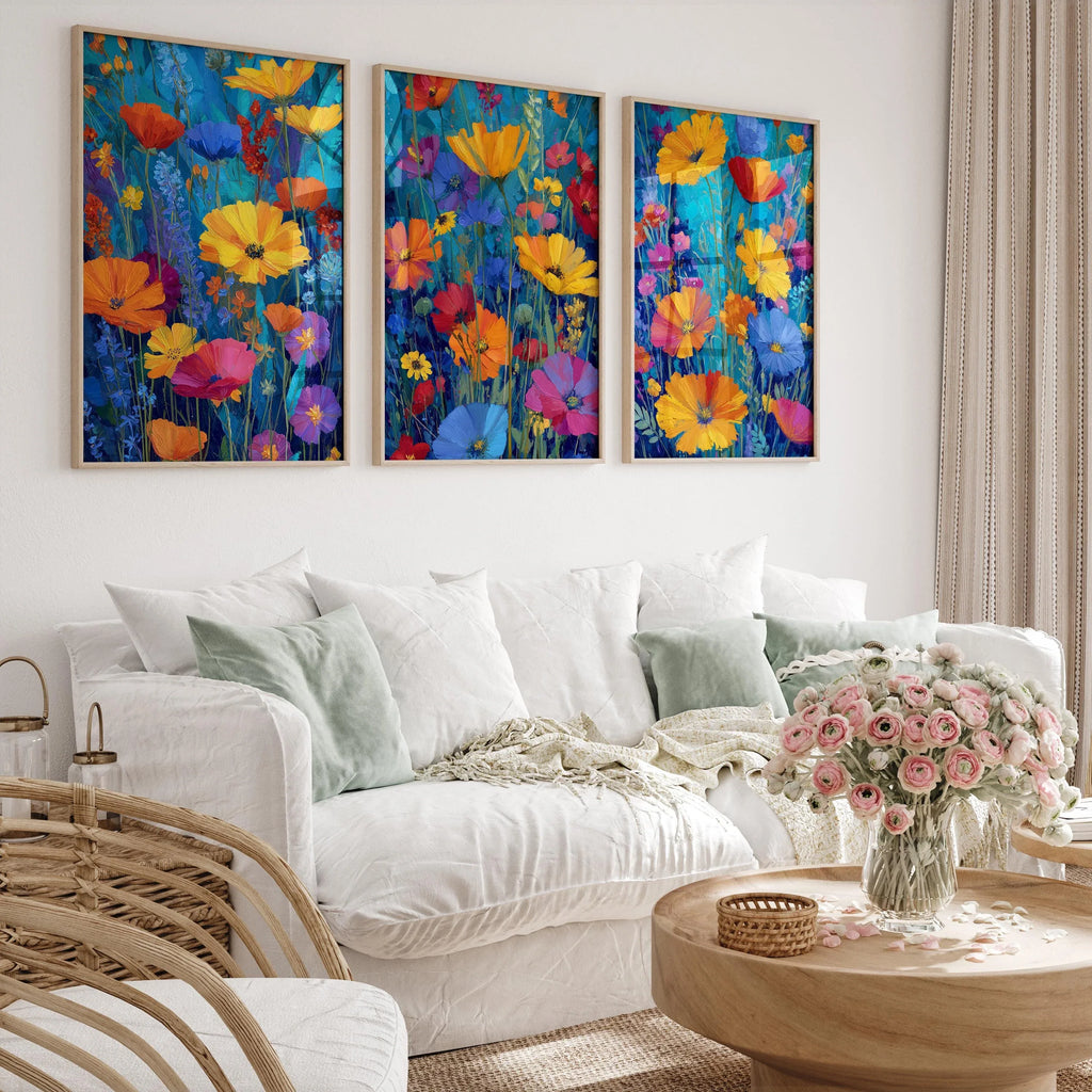 Impressionist wildflower meadow triptych in teal and orange floral wall art in black frame 12x12 ...
