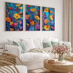 Impressionist wildflower meadow triptych in teal and orange floral wall art in black frame 12x12 ...