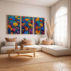 Impressionist wildflower meadow triptych in teal and orange floral wall art in dark wood frame 12...