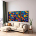 Impressionist wildflower meadow triptych in teal and orange floral wall art unframed 12x12 inch 3...
