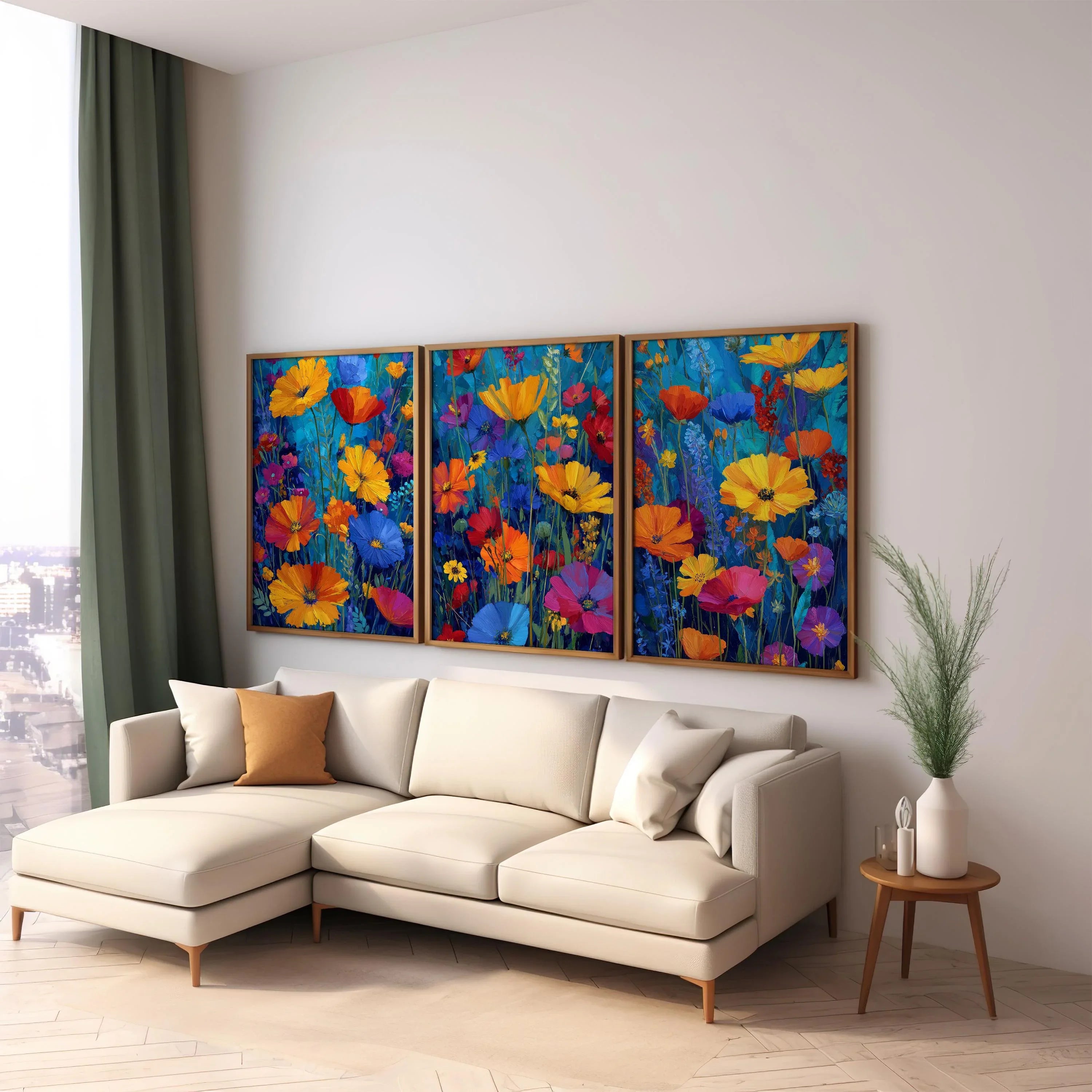 Impressionist wildflower meadow triptych in teal and orange floral wall art unframed 12x12 inch 3...