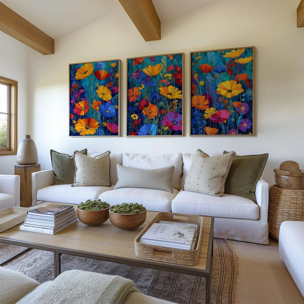 Impressionist wildflower meadow triptych in teal and orange floral wall art in white frame 12x12 ...
