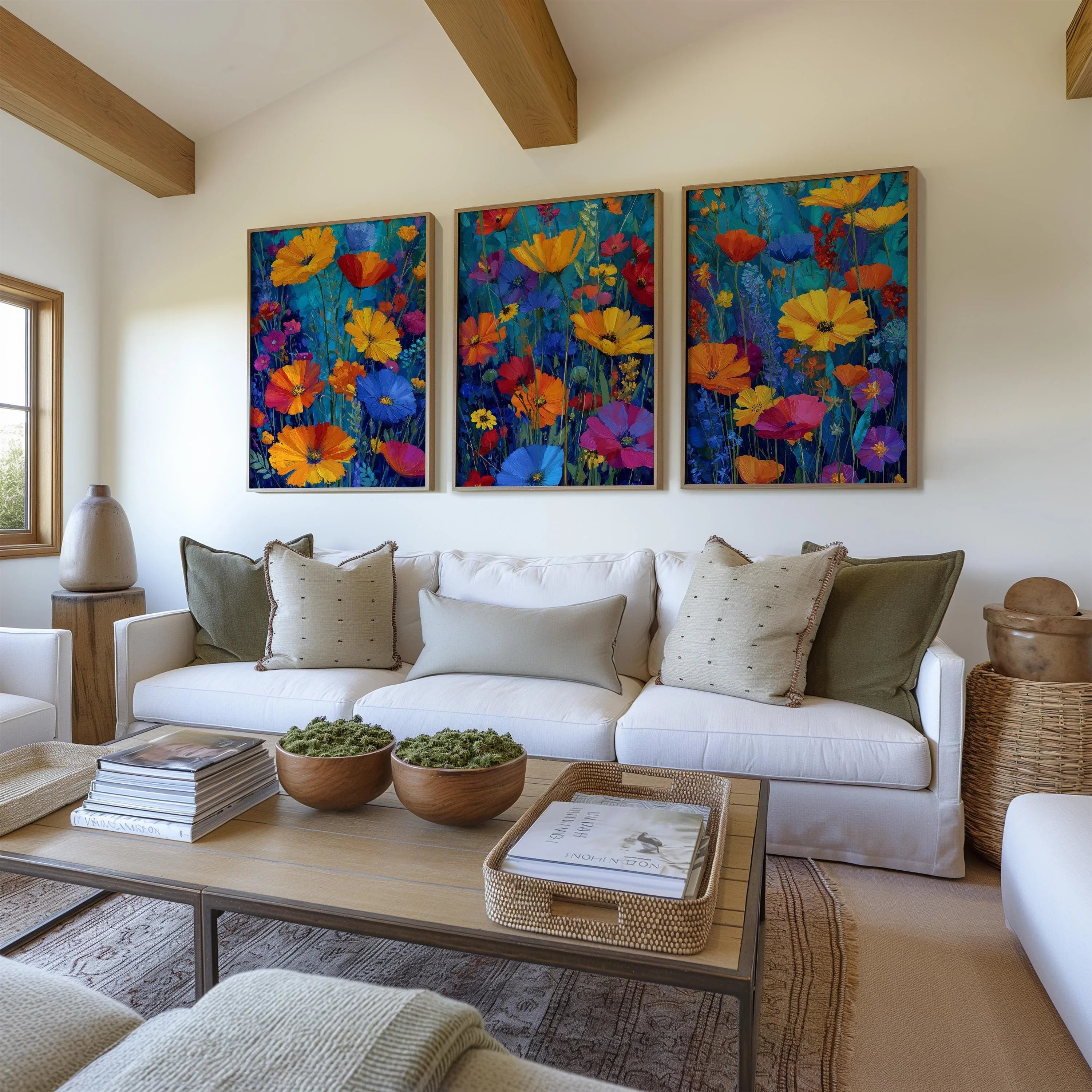 Impressionist wildflower meadow triptych in teal and orange floral wall art in white frame 12x12 ...