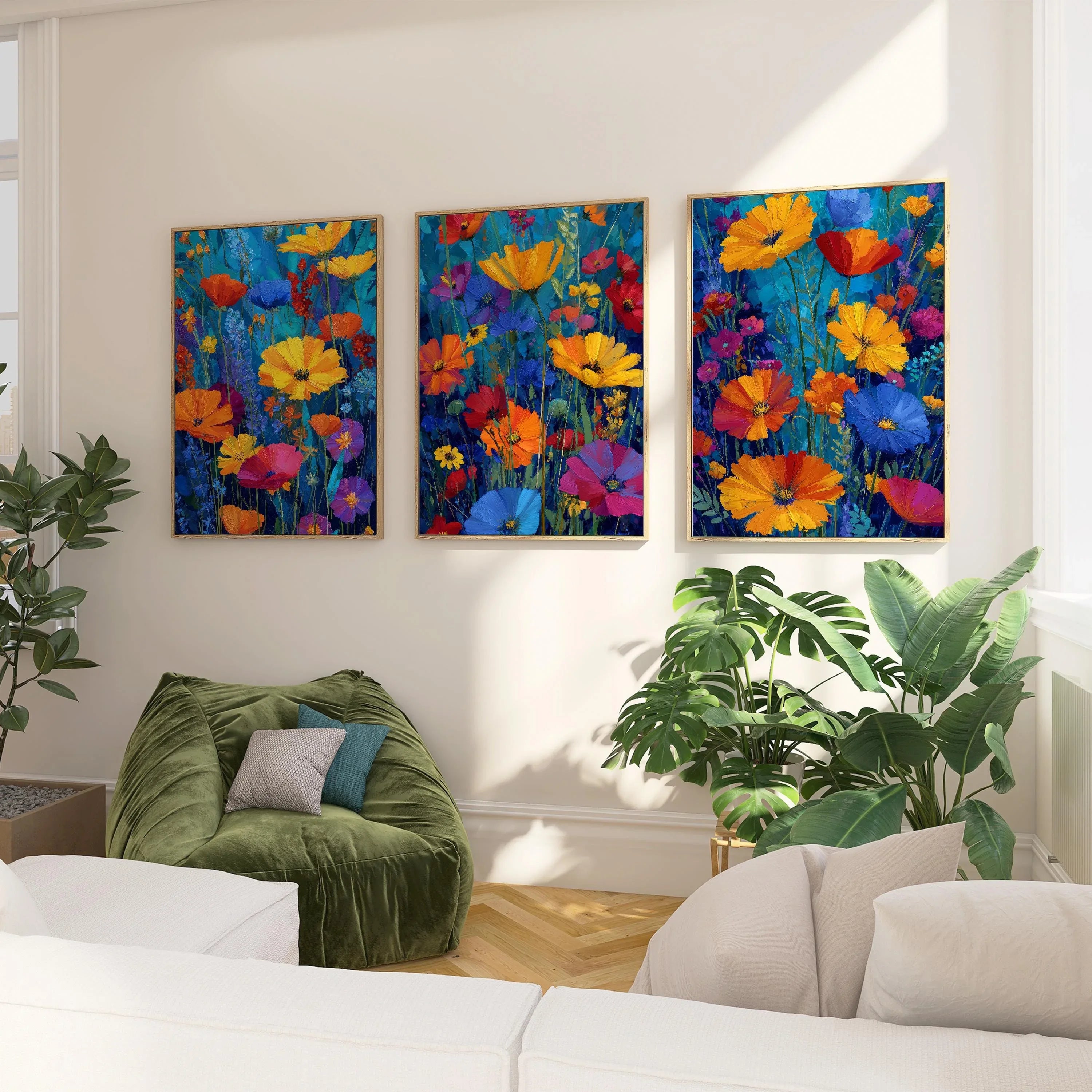 Impressionist wildflower meadow triptych in teal and orange floral wall art in black frame 12x18 ...