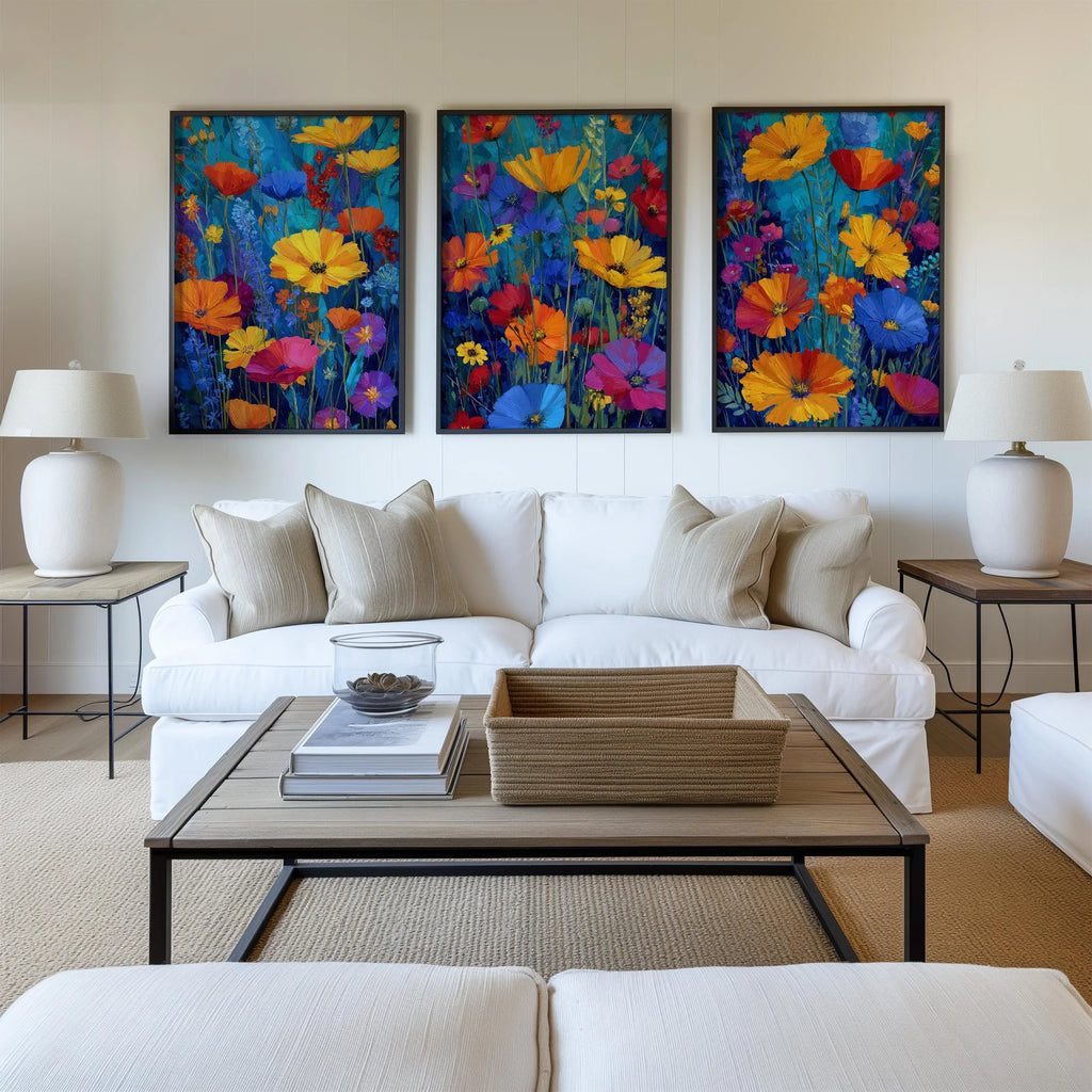 Impressionist wildflower meadow triptych in teal and orange floral wall art in dark wood frame 12...