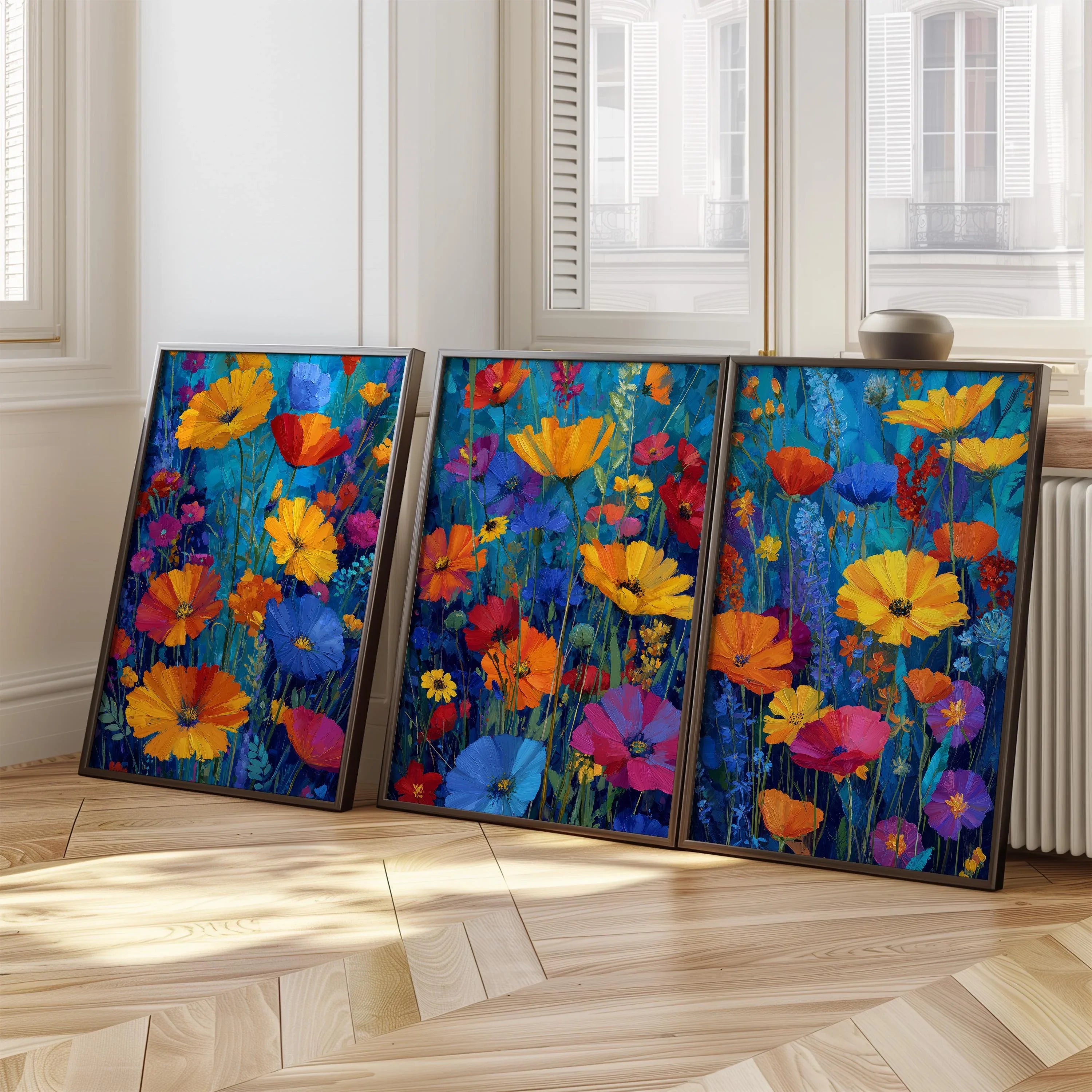Impressionist wildflower meadow triptych in teal and orange floral wall art in natural wood frame...