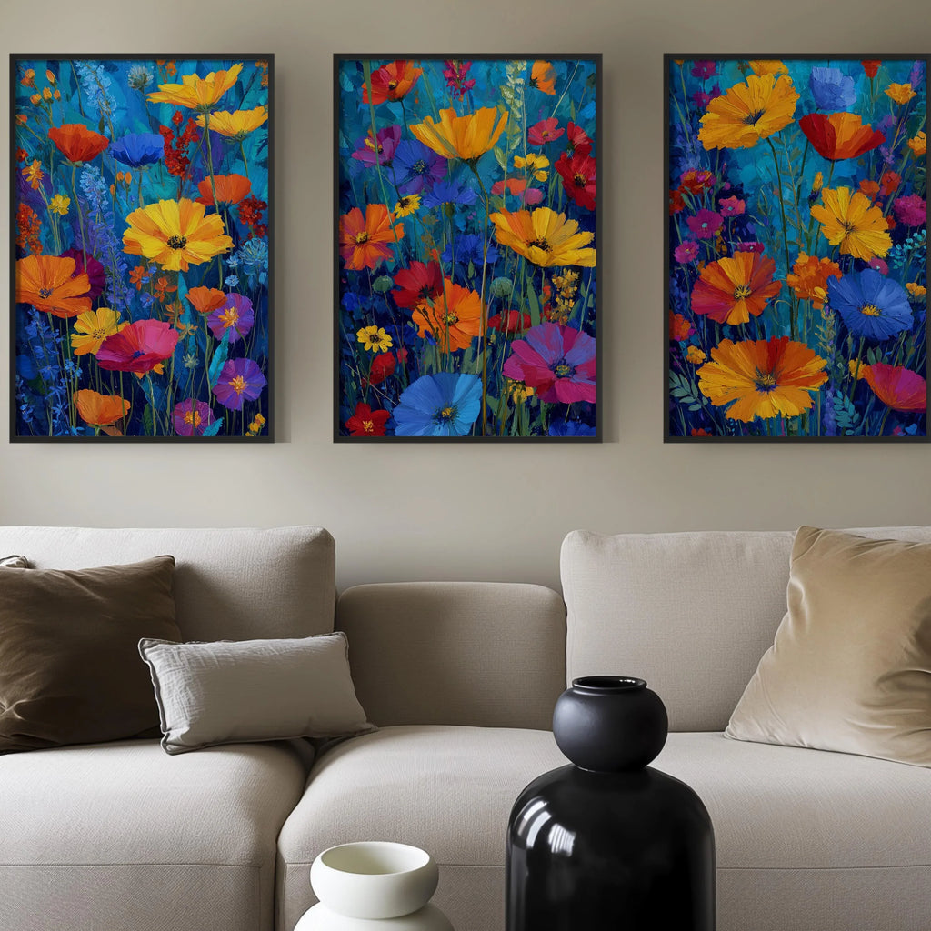 Impressionist wildflower meadow triptych in teal and orange floral wall art unframed 12x18 inch 3...
