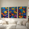 Impressionist wildflower meadow triptych in teal and orange floral wall art in natural wood frame...