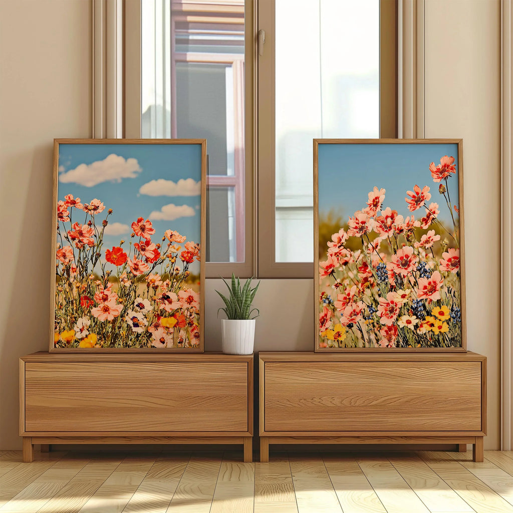 Wildflower meadow photography set of 2 pink cosmos summer garden wall art in dark wood frame 12x1...