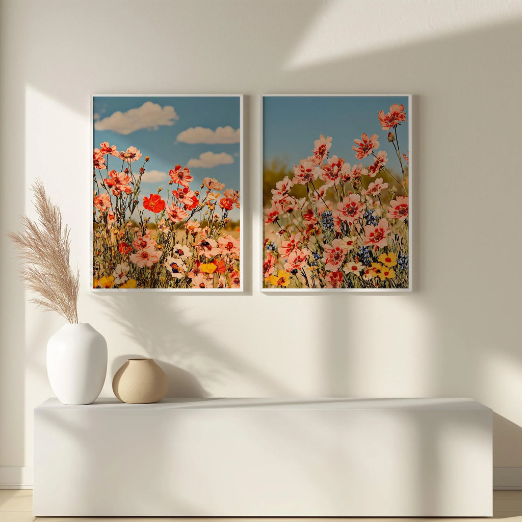 Wildflower meadow photography set of 2 pink cosmos summer garden wall art unframed 12x12 inch 30x...