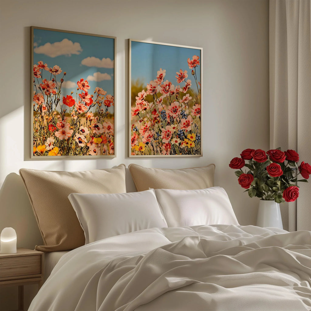 Wildflower meadow photography set of 2 pink cosmos summer garden wall art in white frame 12x12 in...