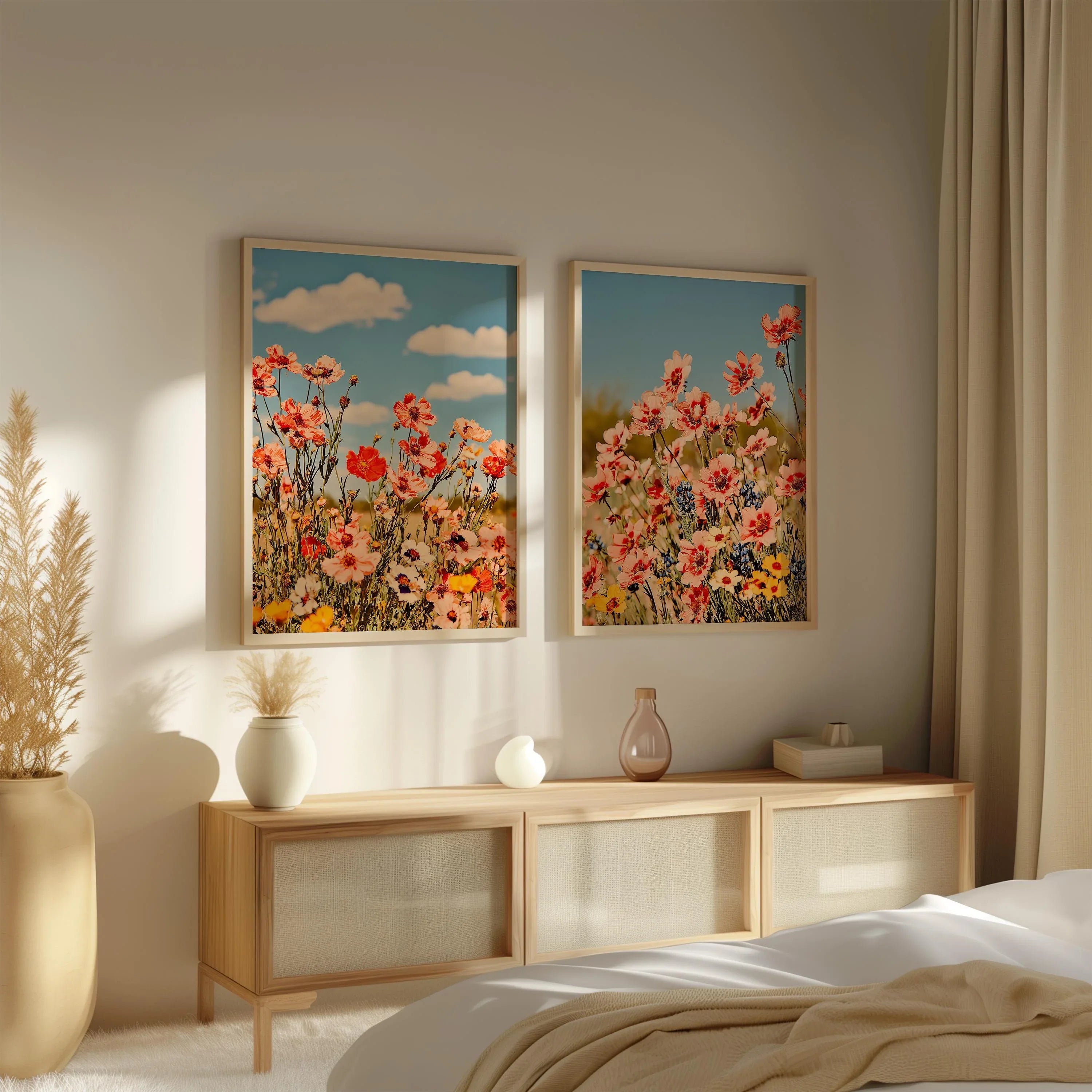 Wildflower meadow photography set of 2 pink cosmos summer garden wall art in black frame 12x18 in...