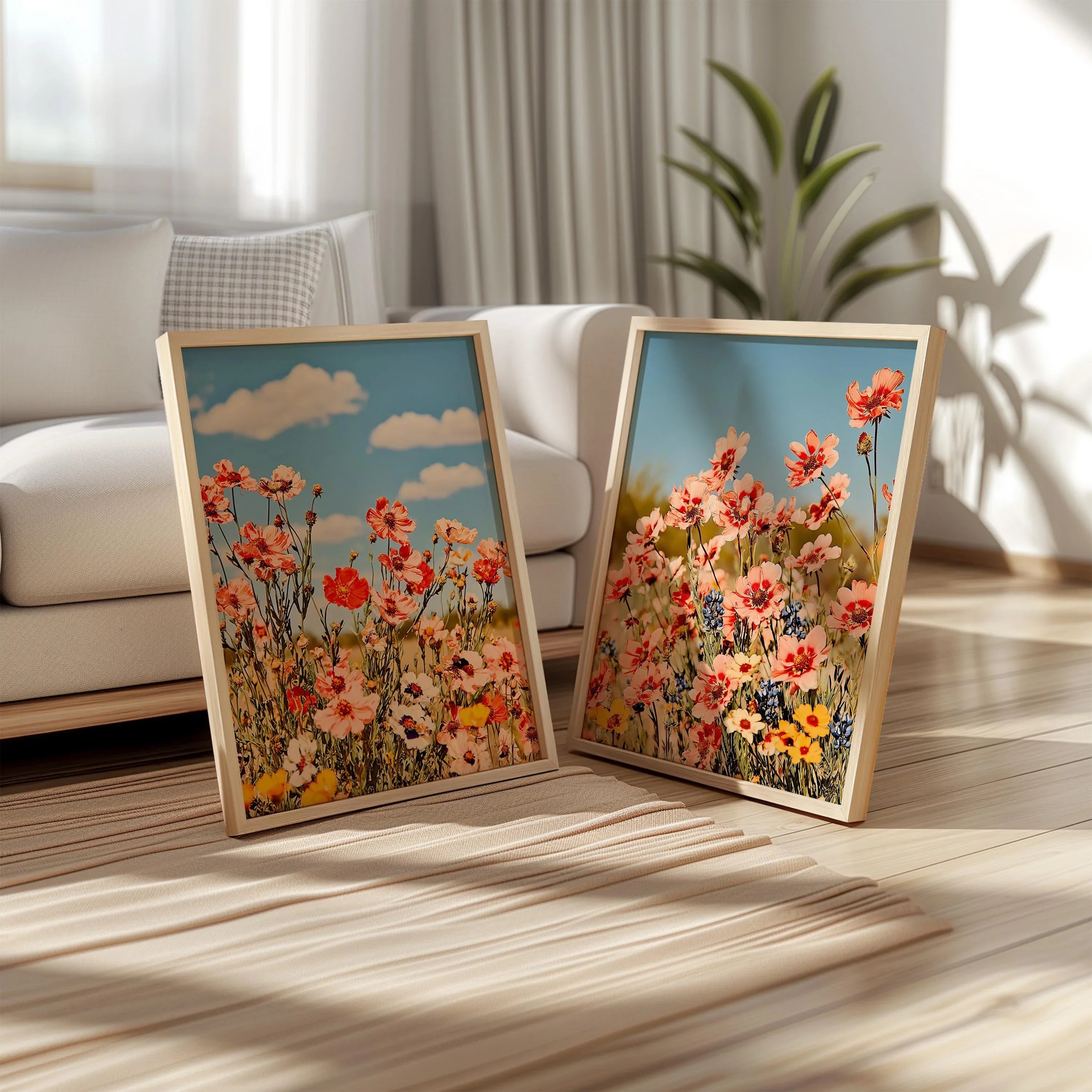 Wildflower meadow photography set of 2 pink cosmos summer garden wall art in dark wood frame 12x1...