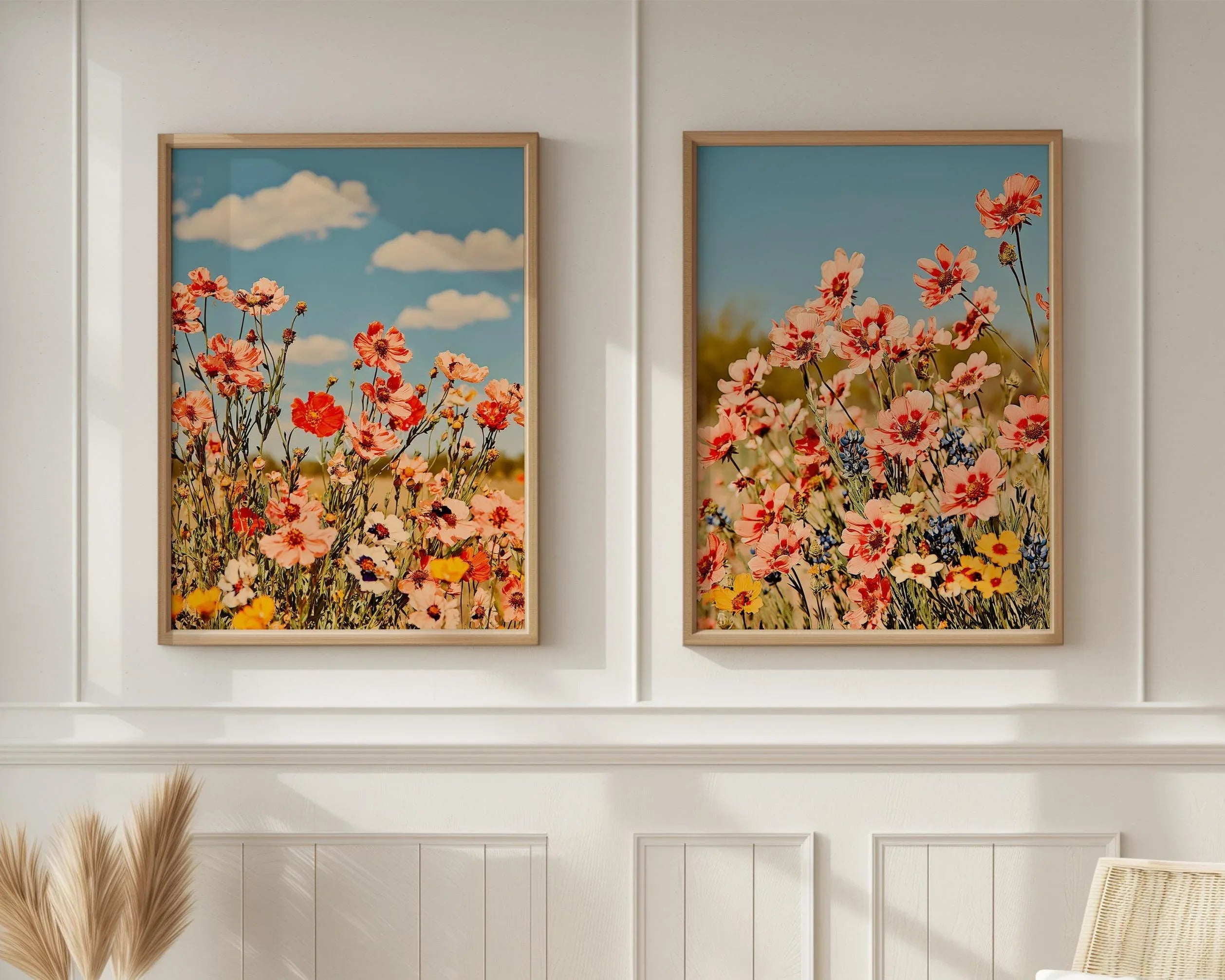 Wildflower meadow photography set of 2 pink cosmos summer garden wall art in natural wood frame 1...
