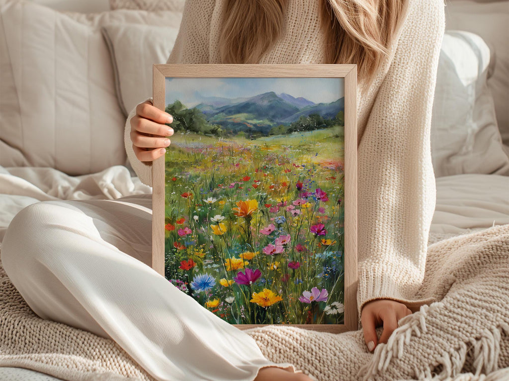 Impressionist wildflower meadow mountain landscape colorful floral wall art in black frame 12x12 ...