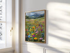 Impressionist wildflower meadow mountain landscape colorful floral wall art in dark wood frame 12...